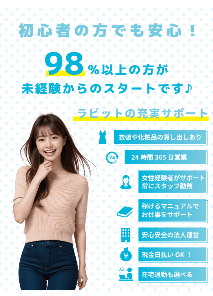 配信ライバー初心者でも安心！ 98％以上の方が配信ライバー未経験からのスタートです♪ ライバーラビット大分の充実サポート・衣装や化粧品の貸し出しあり・24時間365日年中無休・女性経験者がサポートします・常にスタッフ常勤・稼げるマニュアルでお仕事をサポート・安心安全の法人運営・現金日払いもＯＫ！・在宅通勤も選べます！・ライブチャット・ライブ配信・配信ライバーは未経験からでも問題ないです！