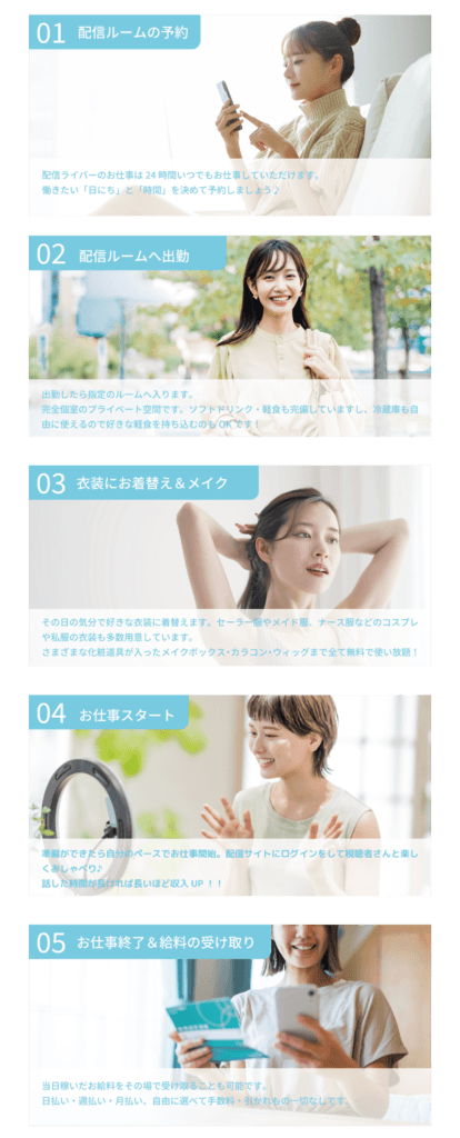 ライバーラビット大分での1日の流れについて 配信ルームの予約/24時間いつでもお仕事できます！働きたい日にちと時間を決めて予約しよう♪・配信ルームへの出勤/出勤の日にルームへ入ります。完全個室のプライベート空間はソフトドリンクや軽食も完備してあります！・衣装にお着換え/その日の気分で好きな衣装に！コスプレもありますし自分の私服でもOK！化粧道具やカラコン、メイク道具も使い放題！・お仕事スタート/準備ができたら自分のペースでお仕事開始！話した時間が長いほど給料もアップ！・お給料受け取り/当日稼いだお金をその場で受け取ることも可能です。日払い、週払い、半月払い、月払いと自由に選べます！手数料や引かれ物は一切ありません！