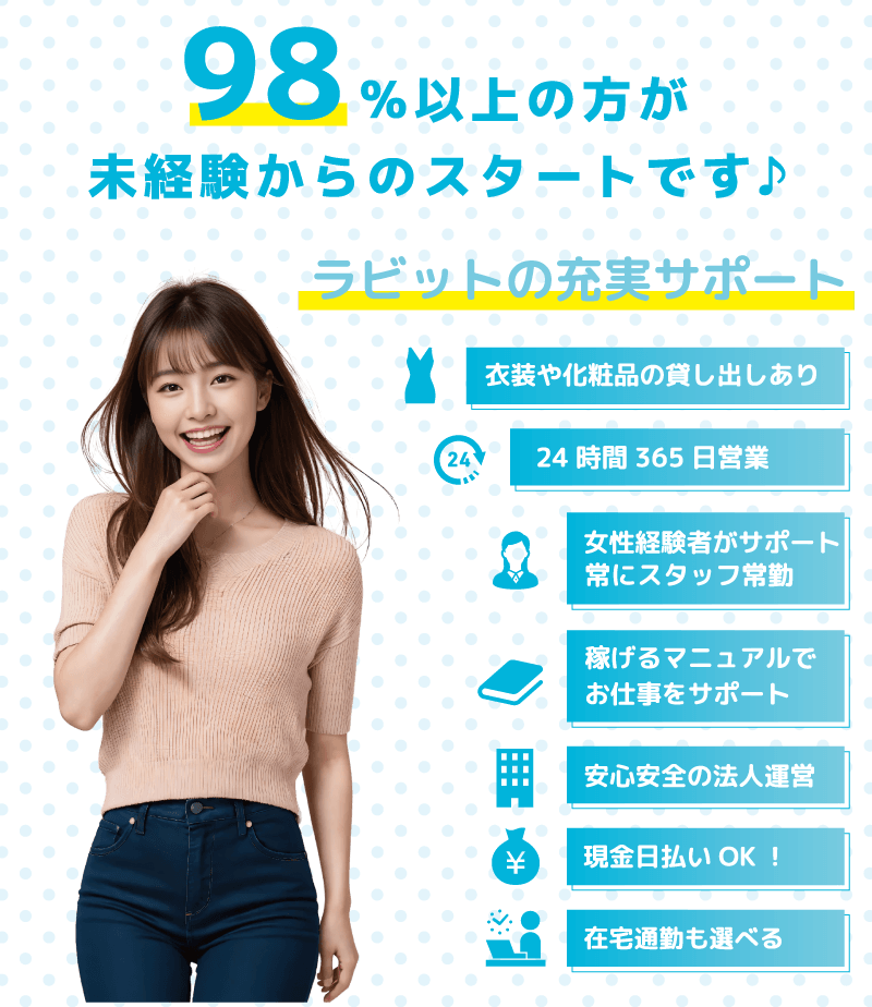 配信ライバー初心者でも安心! 98%以上の方が配信ライバー未経験からのスタートです♪ ライバーラビット大分の充実サポート・衣装や化粧品の貸し出しあり・24時間365日年中無休・女性経験者がサポートします・常にスタッフ常勤・稼げるマニュアルでお仕事をサポート・安心安全の法人運営・現金日払いもOK!・在宅通勤も選べます!・ライブチャット・ライブ配信・配信ライバーは未経験からでも問題ないです!